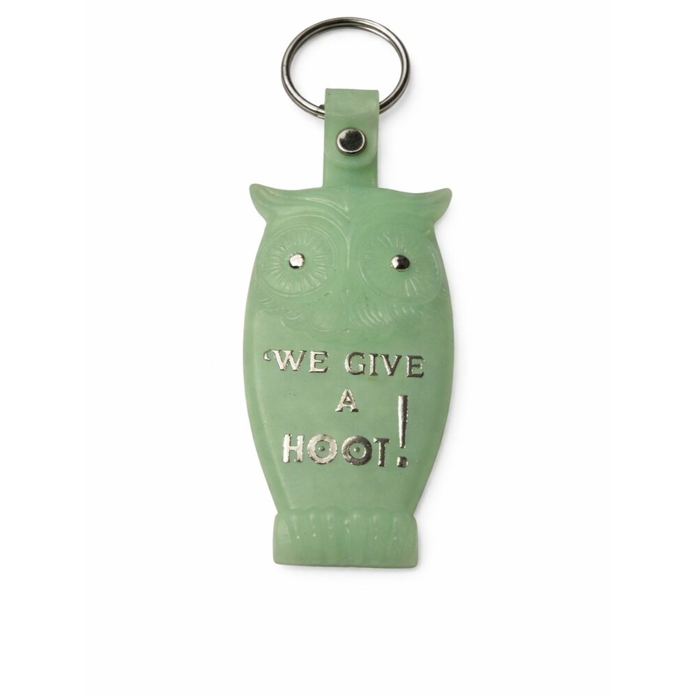 Vintage Owl Keychain We Give a Hoot Green Plastic Retro Advertising Key Ring